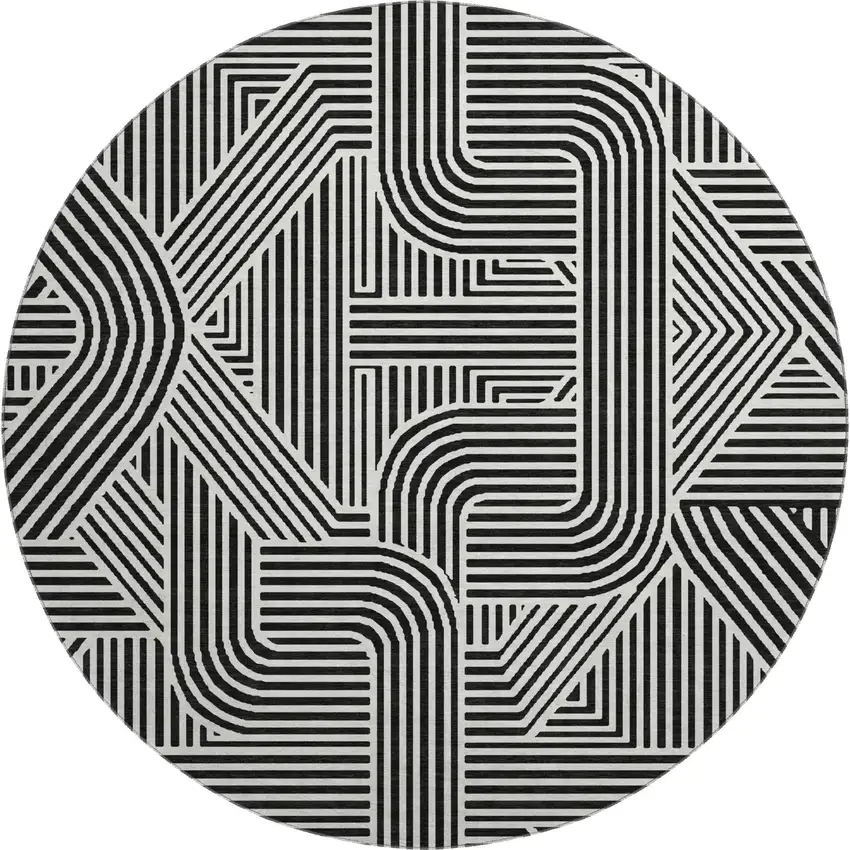 8' Black And Ivory Abstract Geometric Washable Round Rug With UV Protection Photo 1