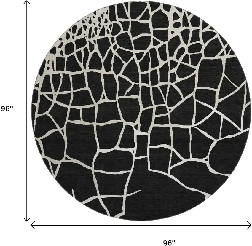 8' Black And Ivory Abstract Geometric Washable Round Rug With UV Protection Photo 9