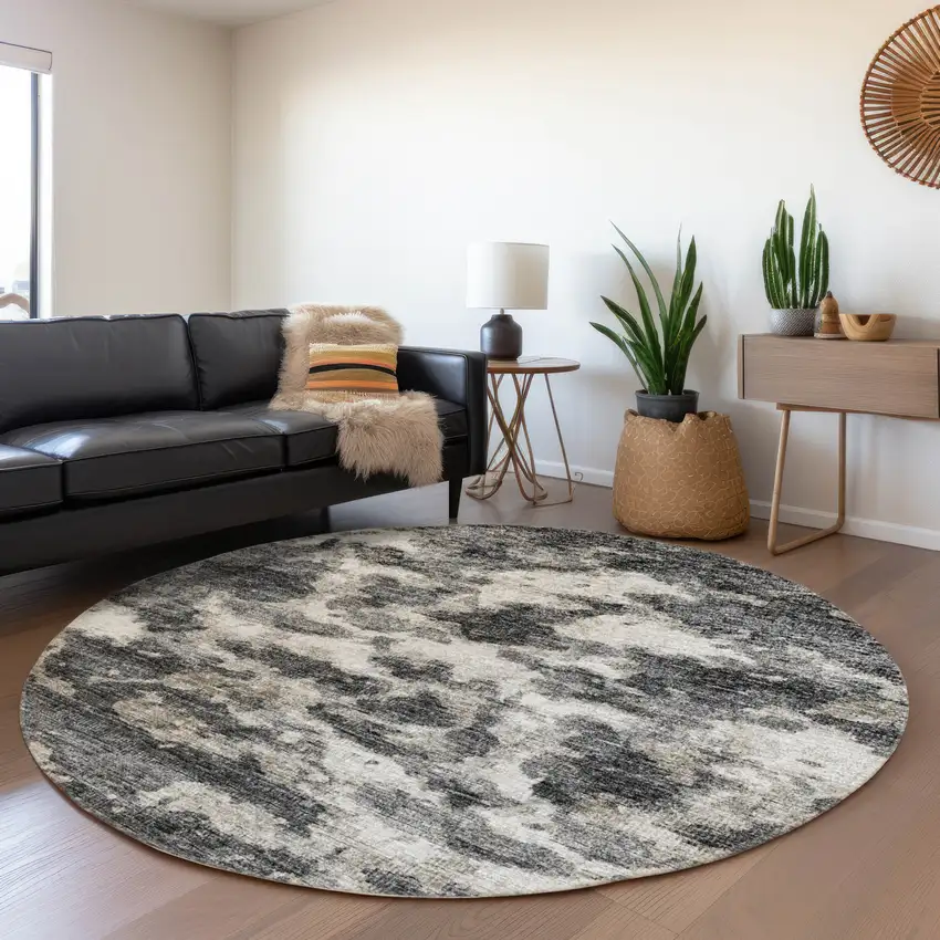 8' Black And Ivory Abstract Washable Round Rug With UV Protection Photo 7