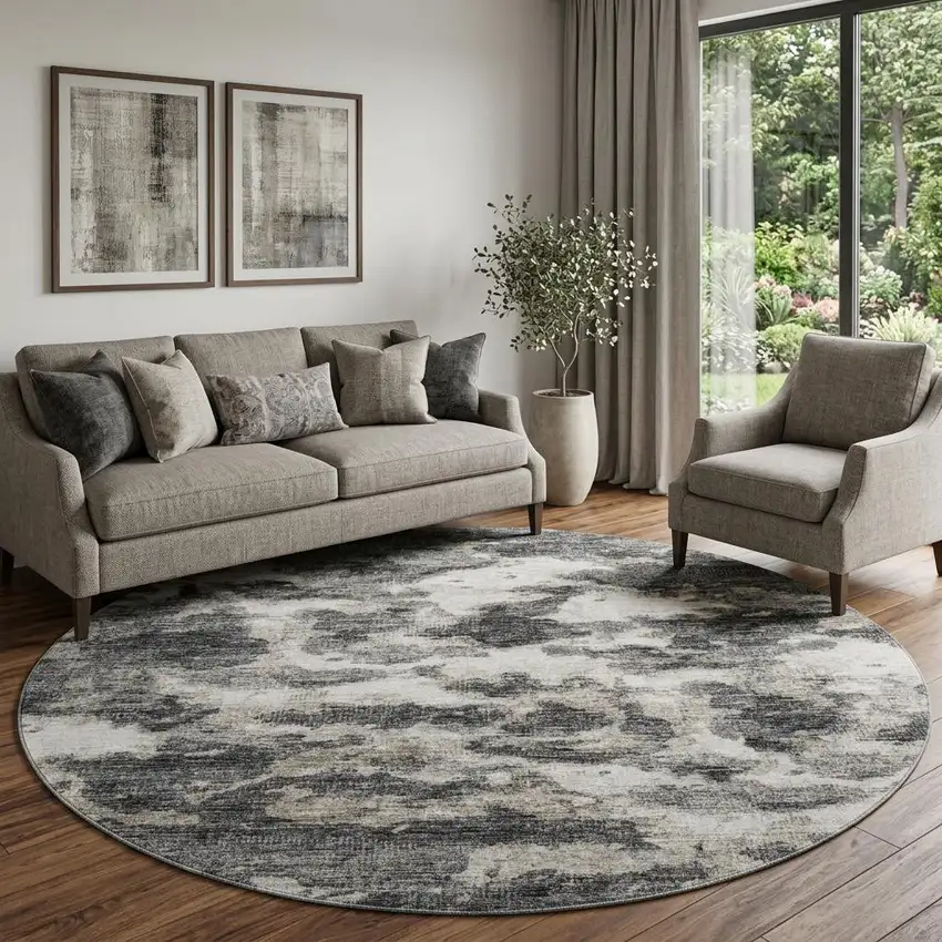 8' Black And Ivory Abstract Washable Round Rug With UV Protection Photo 1