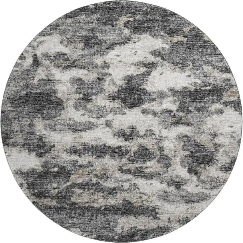 8' Black And Ivory Abstract Washable Round Rug With UV Protection Photo 2
