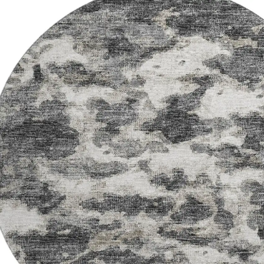 8' Black And Ivory Abstract Washable Round Rug With UV Protection Photo 5
