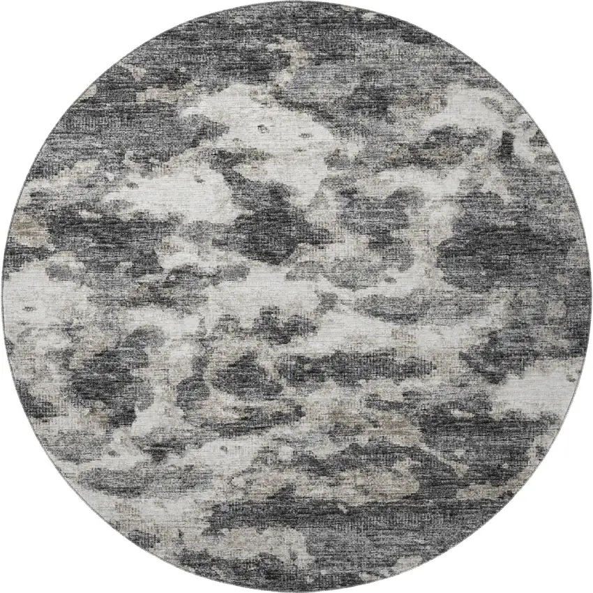 8' Black And Ivory Abstract Washable Round Rug With UV Protection Photo 4