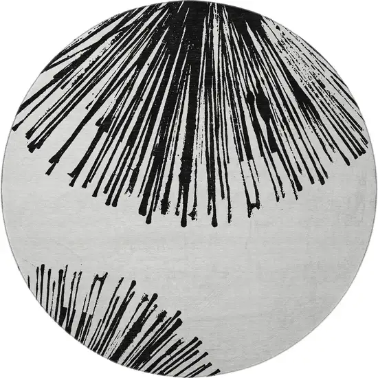 8' Black And Ivory Abstract Washable Round Rug With UV Protection Photo 4