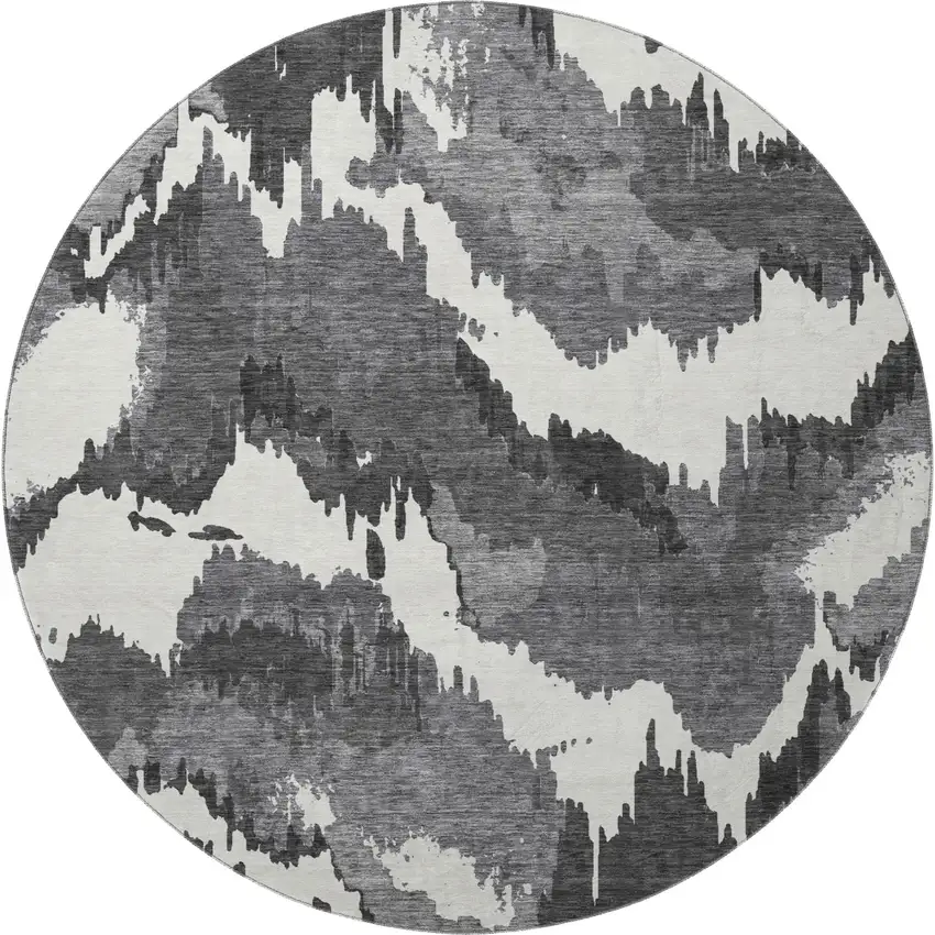 8' Black And Ivory Abstract Washable Round Rug With UV Protection Photo 5