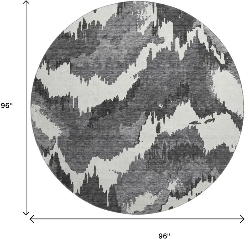 8' Black And Ivory Abstract Washable Round Rug With UV Protection Photo 3