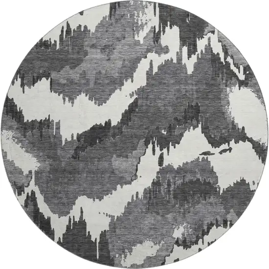 8' Black And Ivory Abstract Washable Round Rug With UV Protection Photo 2