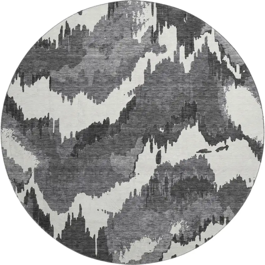 8' Black And Ivory Abstract Washable Round Rug With UV Protection Photo 2