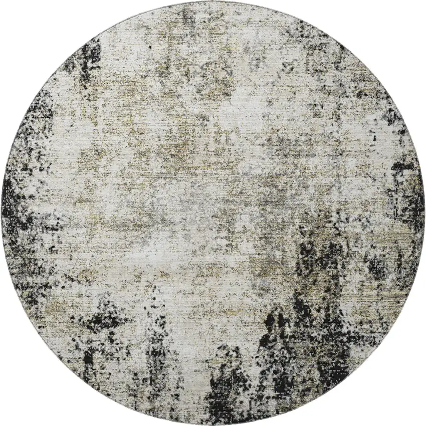 8' Black And Ivory Abstract Washable Round Rug With UV Protection Photo 3