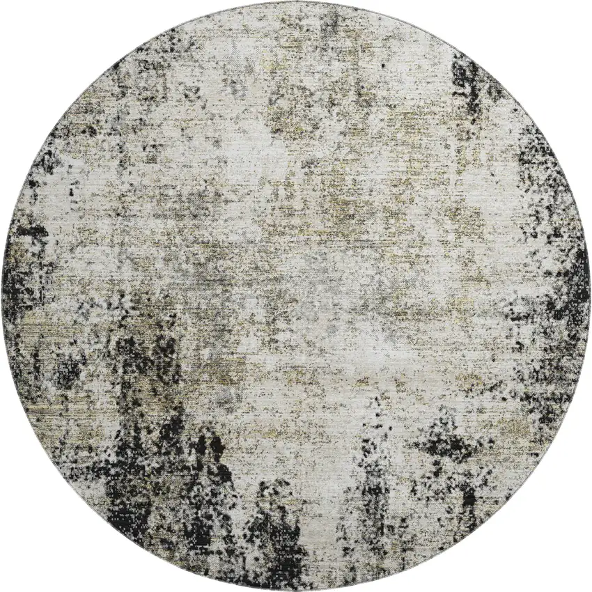 8' Black And Ivory Abstract Washable Round Rug With UV Protection Photo 1