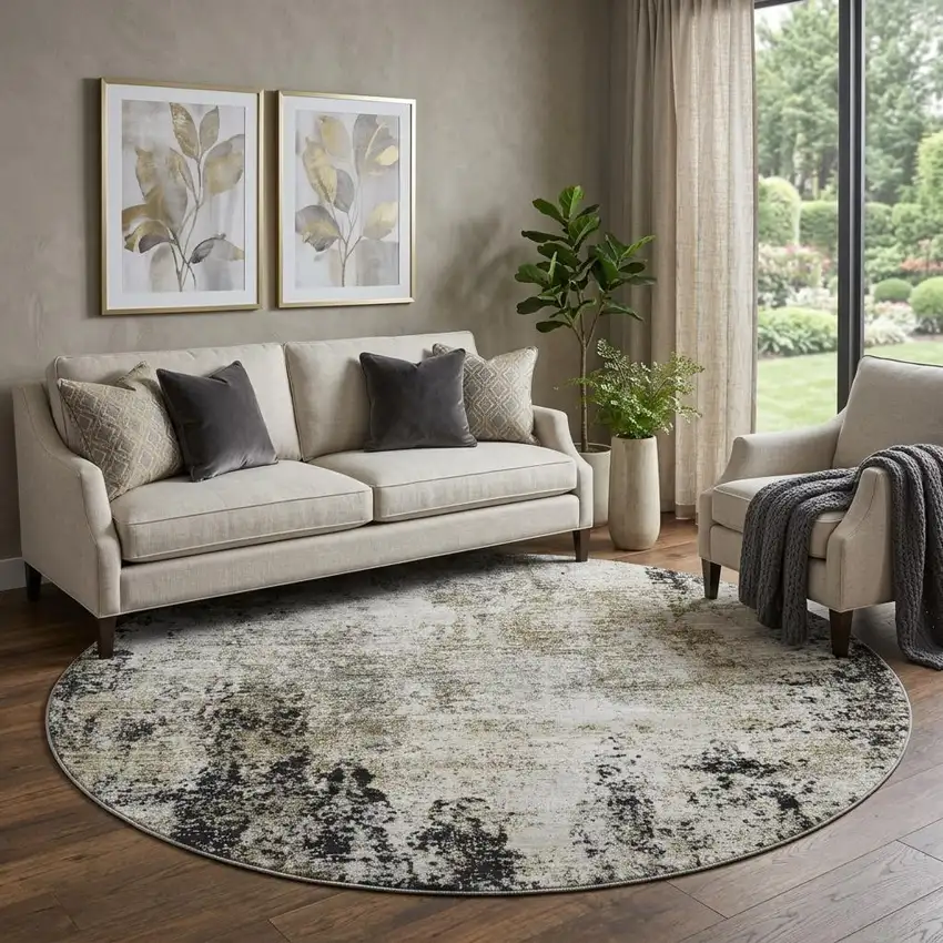 8' Black And Ivory Abstract Washable Round Rug With UV Protection Photo 1