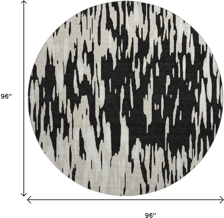 8' Black And Ivory Abstract Washable Round Rug With UV Protection Photo 7