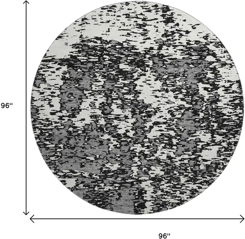 8' Black And Ivory Abstract Washable Round Rug With UV Protection Photo 9