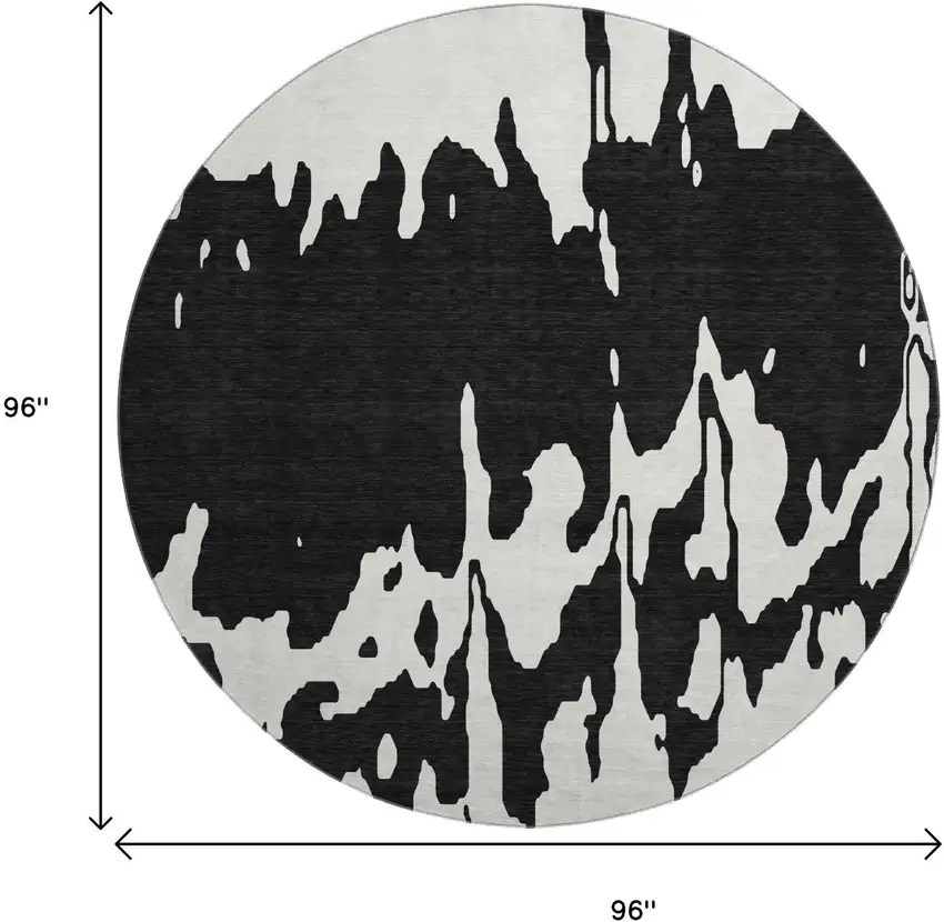 8' Black And Ivory Abstract Washable Round Rug With UV Protection Photo 8
