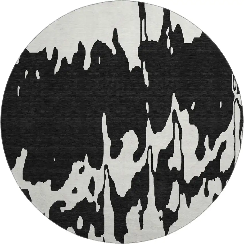 8' Black And Ivory Abstract Washable Round Rug With UV Protection Photo 1