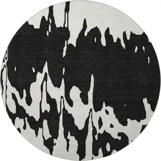 8' Black And Ivory Abstract Washable Round Rug With UV Protection Photo 2