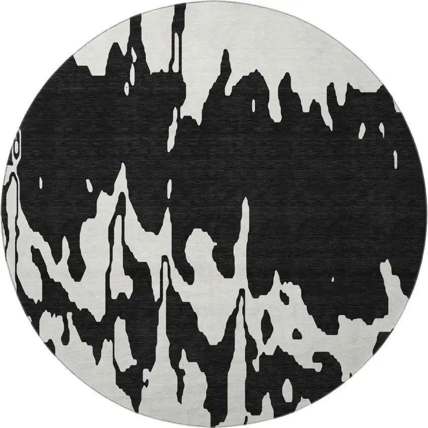 8' Black And Ivory Abstract Washable Round Rug With UV Protection Photo 2