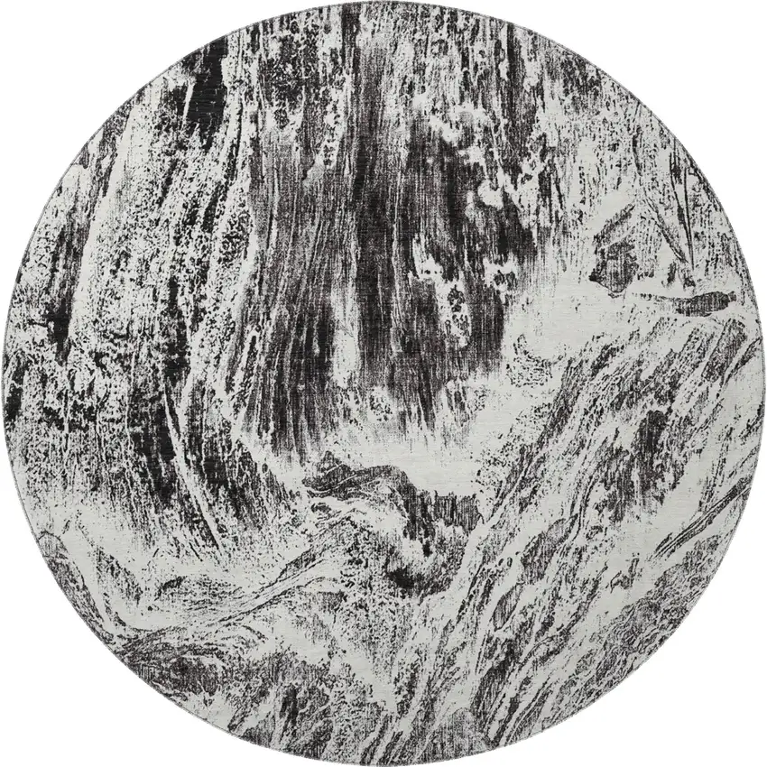 8' Black And Ivory Abstract Washable Round Rug With UV Protection Photo 3