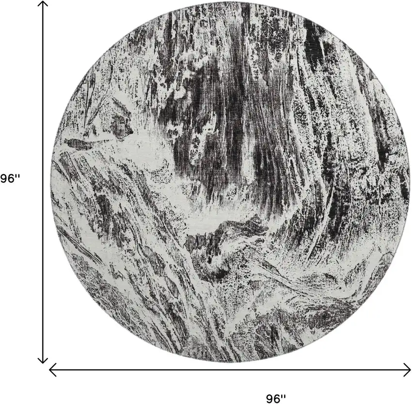 8' Black And Ivory Abstract Washable Round Rug With UV Protection Photo 9