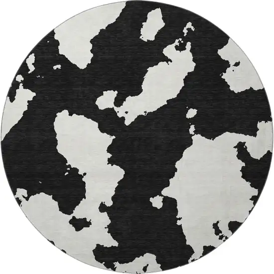 8' Black And Ivory Abstract Washable Round Rug With UV Protection Photo 3