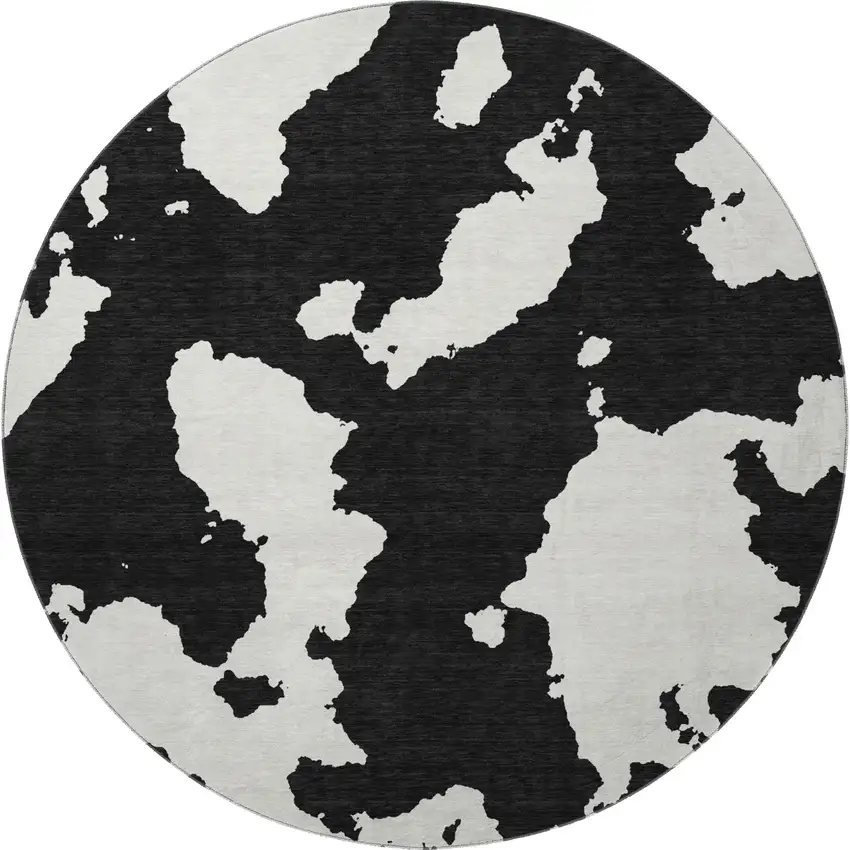 8' Black And Ivory Abstract Washable Round Rug With UV Protection Photo 3