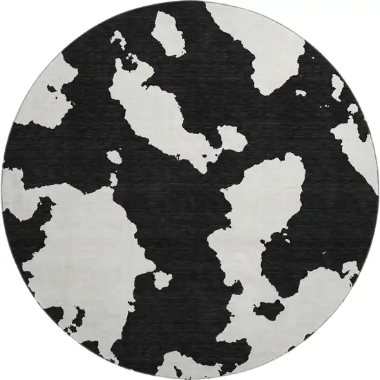 8' Black And Ivory Abstract Washable Round Rug With UV Protection Photo 1