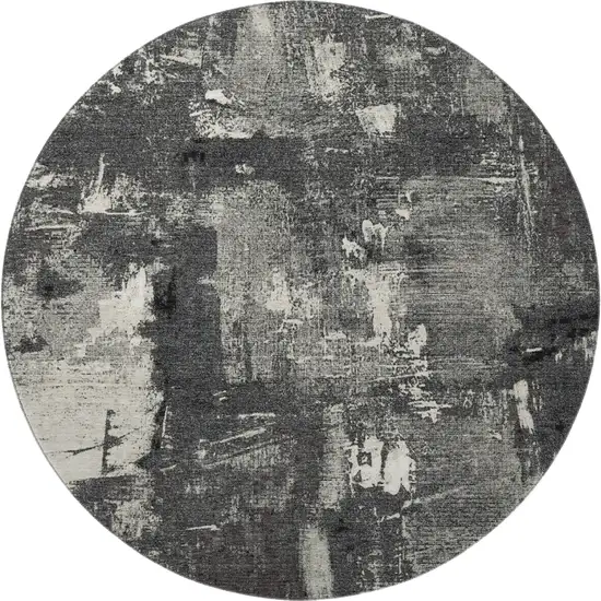 8' Black And Ivory Abstract Washable Round Rug With UV Protection Photo 3