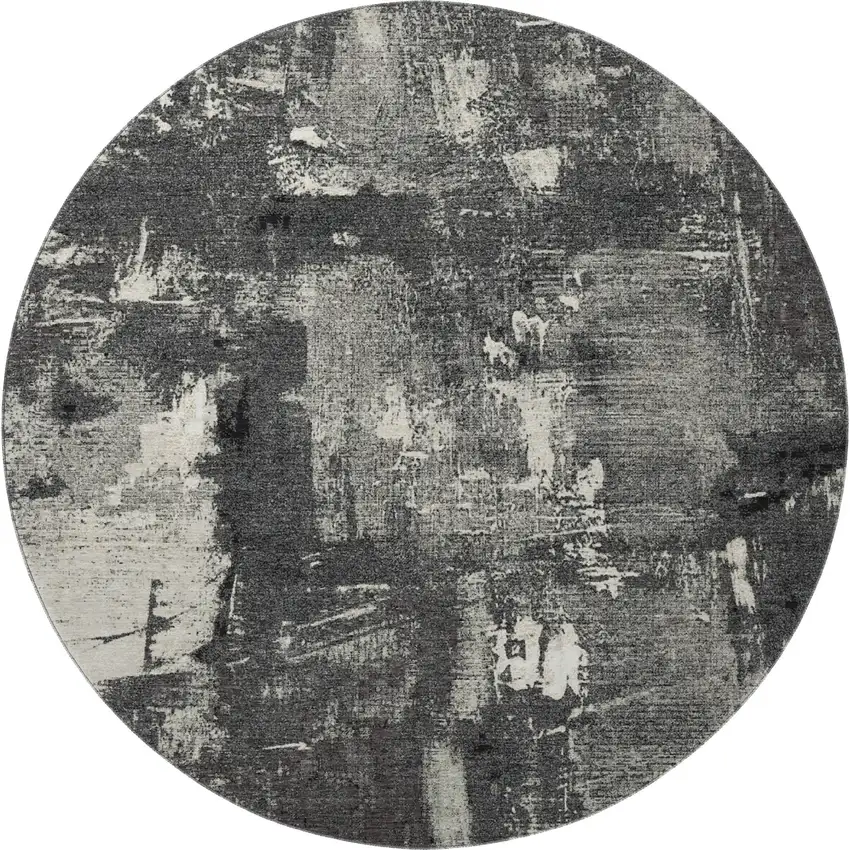 8' Black And Ivory Abstract Washable Round Rug With UV Protection Photo 3