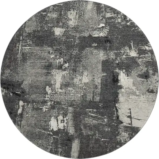 8' Black And Ivory Abstract Washable Round Rug With UV Protection Photo 1