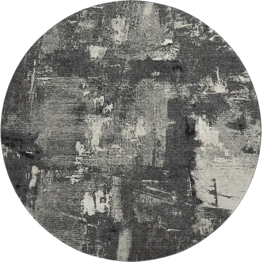 8' Black And Ivory Abstract Washable Round Rug With UV Protection Photo 1