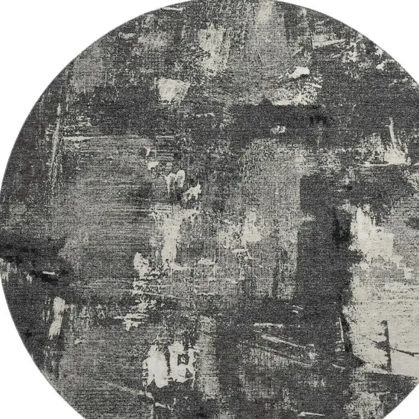 8' Black And Ivory Abstract Washable Round Rug With UV Protection Photo 2
