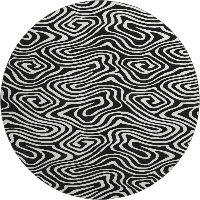 8' Black And Ivory Abstract Washable Round Rug With UV Protection Photo 1