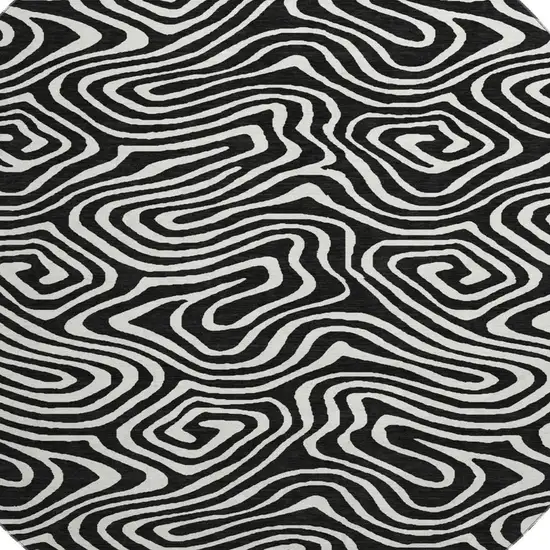 8' Black And Ivory Abstract Washable Round Rug With UV Protection Photo 2