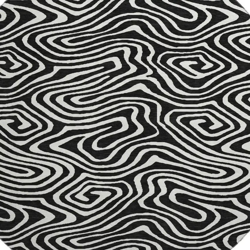 8' Black And Ivory Abstract Washable Round Rug With UV Protection Photo 2