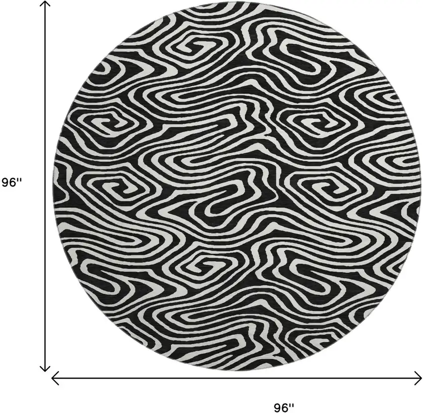 8' Black And Ivory Abstract Washable Round Rug With UV Protection Photo 9