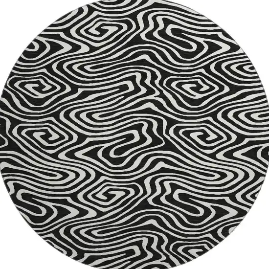 8' Black And Ivory Abstract Washable Round Rug With UV Protection Photo 3