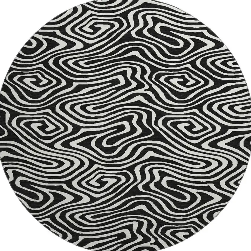 8' Black And Ivory Abstract Washable Round Rug With UV Protection Photo 3