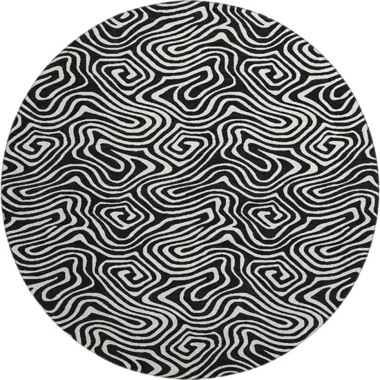 8' Black And Ivory Abstract Washable Round Rug With UV Protection Photo 1