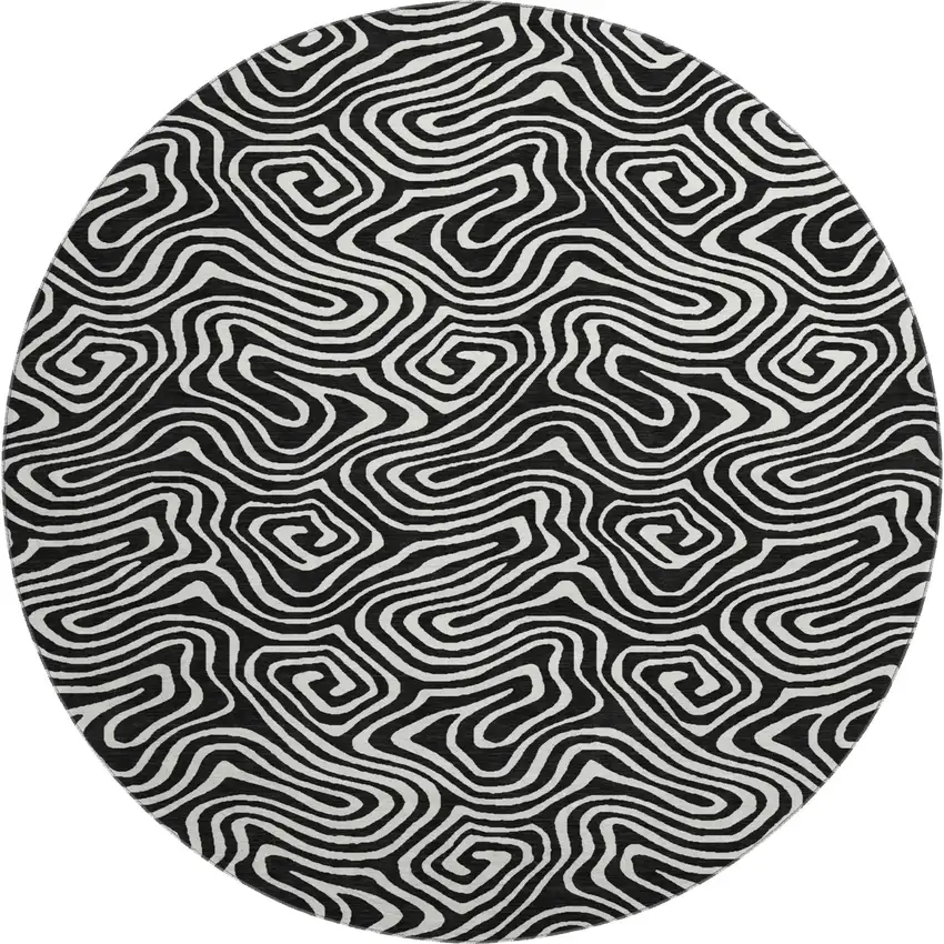 8' Black And Ivory Abstract Washable Round Rug With UV Protection Photo 1