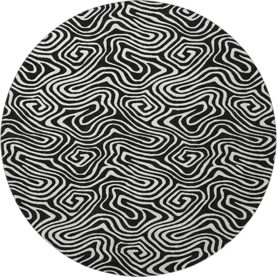 8' Black And Ivory Abstract Washable Round Rug With UV Protection Photo 2