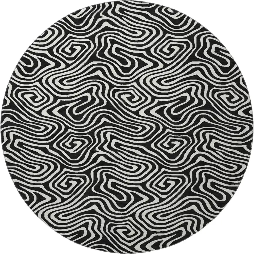 8' Black And Ivory Abstract Washable Round Rug With UV Protection Photo 2