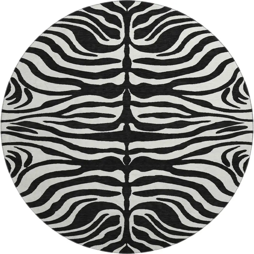 8' Black And Ivory Animal Print Washable Round Rug With UV Protection Photo 1