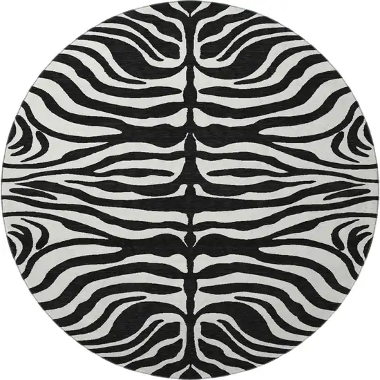 8' Black And Ivory Animal Print Washable Round Rug With UV Protection Photo 2