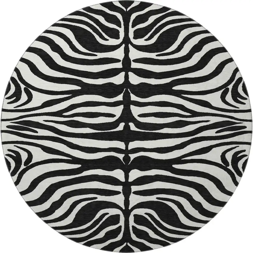 8' Black And Ivory Animal Print Washable Round Rug With UV Protection Photo 2