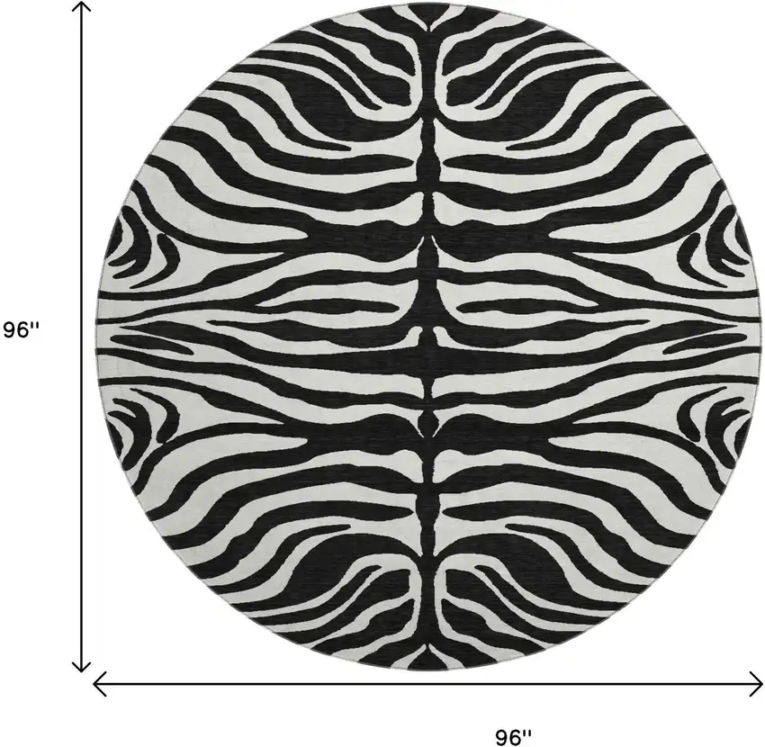 8' Black And Ivory Animal Print Washable Round Rug With UV Protection Photo 8