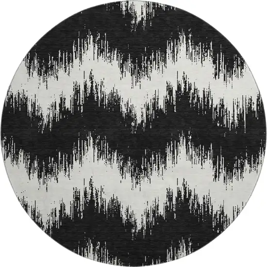 8' Black And Ivory Chevron Washable Round Rug With UV Protection Photo 1