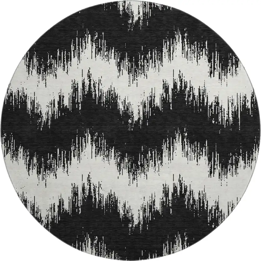 8' Black And Ivory Chevron Washable Round Rug With UV Protection Photo 1