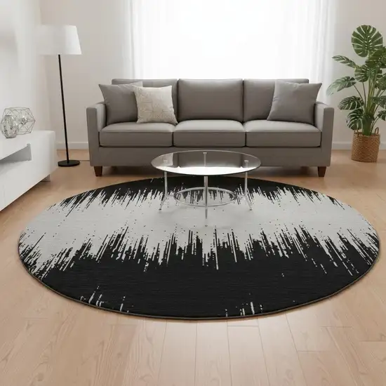 8' Black And Ivory Chevron Washable Round Rug With UV Protection Photo 2