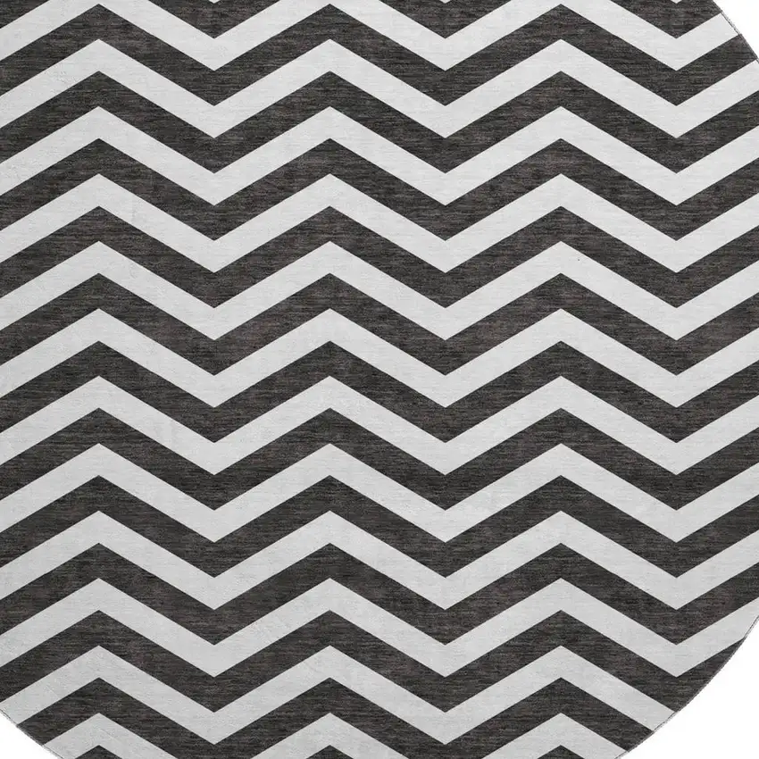 8' Black And Ivory Chevron Washable Round Rug With UV Protection Photo 3