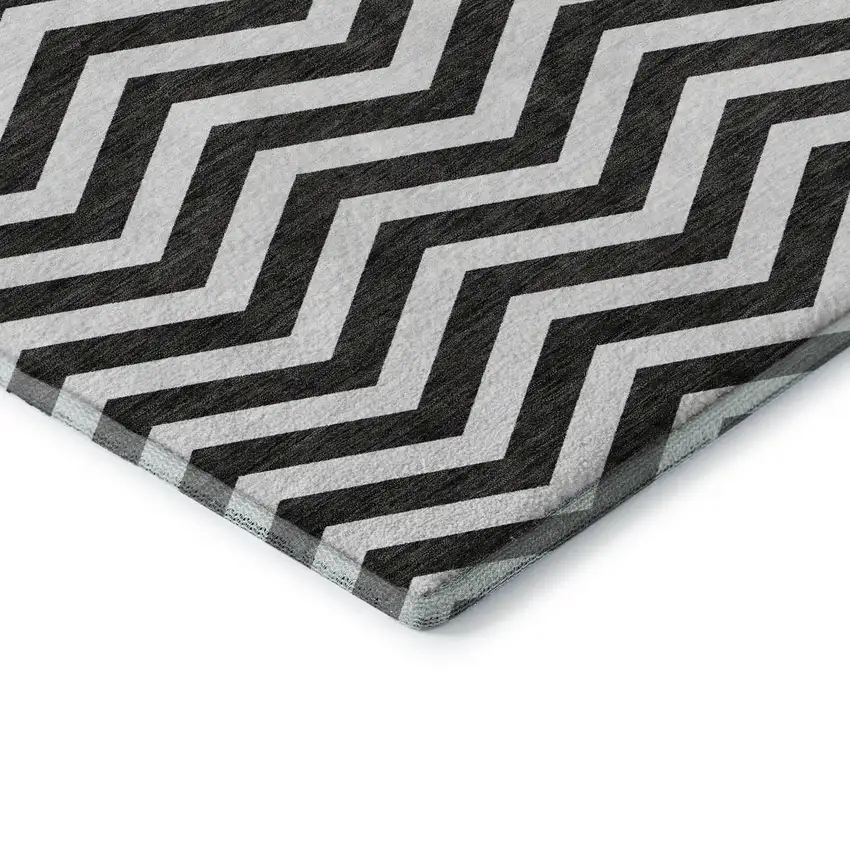 8' Black And Ivory Chevron Washable Round Rug With UV Protection Photo 7